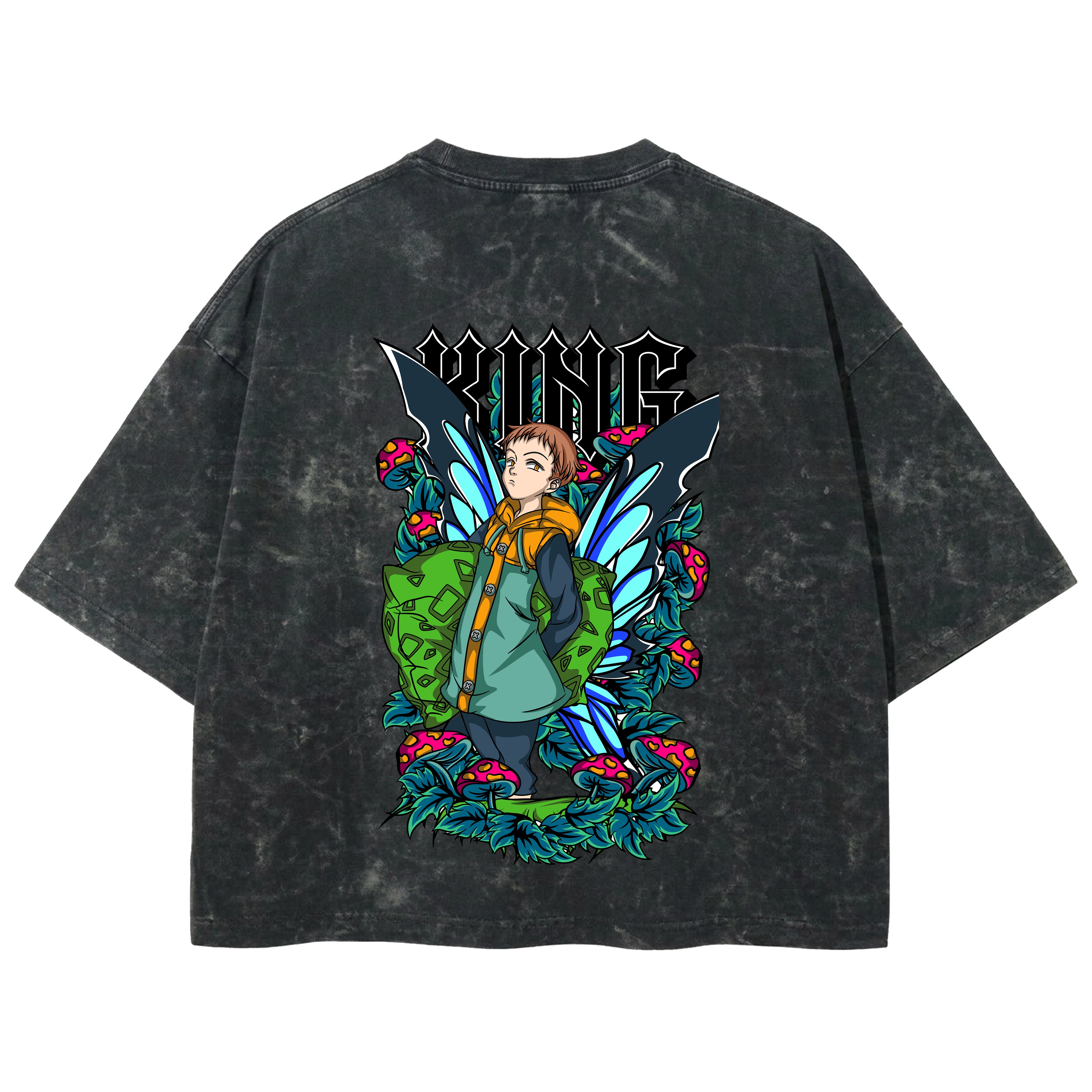Playera streetwear premium de anime y gaming ExtraLife MX, corte boxy deluxe mineral wash heavyweight en color Acid Wash, moda urbana mexicana de culto.