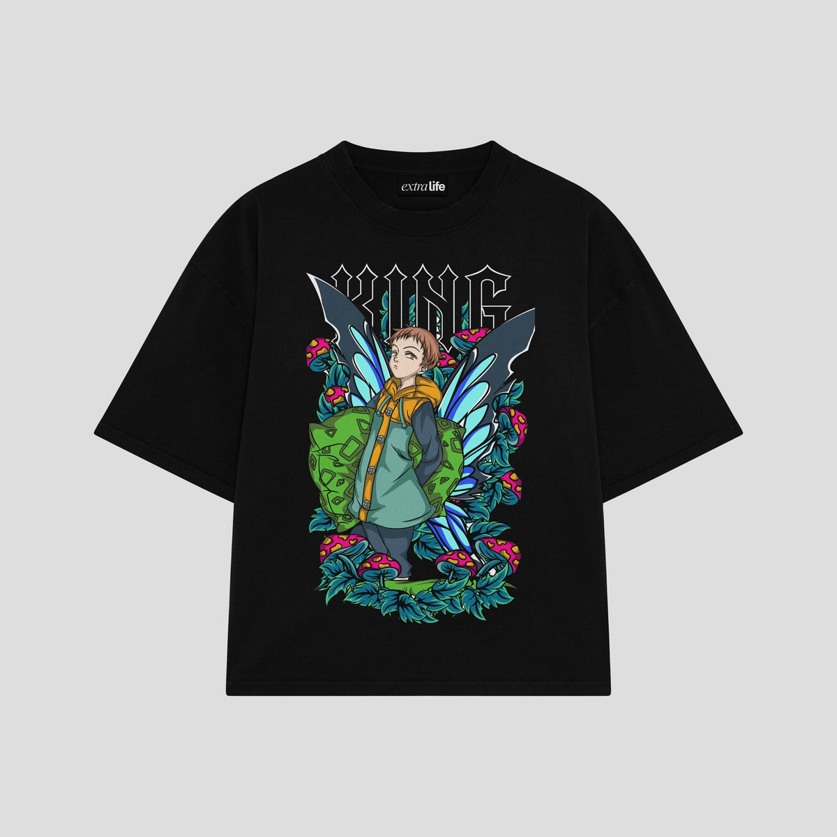 Playera streetwear premium de anime y gaming ExtraLife MX, corte oversized drop shoulder ligero y fresco en color Deep Black y Off-White, moda urbana mexicana de culto.
