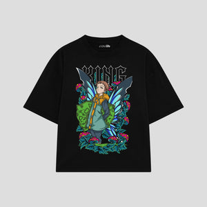 Playera streetwear premium de anime y gaming ExtraLife MX, corte boxy oversized drop shoulder heavyweight en color Deep Black y Off-White, moda urbana mexicana de culto.