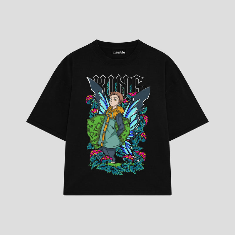 Playera streetwear premium de anime y gaming ExtraLife MX, corte boxy oversized drop shoulder heavyweight en color Deep Black y Off-White, moda urbana mexicana de culto.