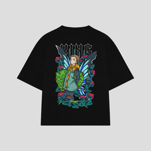 Playera streetwear premium de anime y gaming ExtraLife MX, corte boxy oversized drop shoulder heavyweight en color Deep Black y Off-White, moda urbana mexicana de culto.