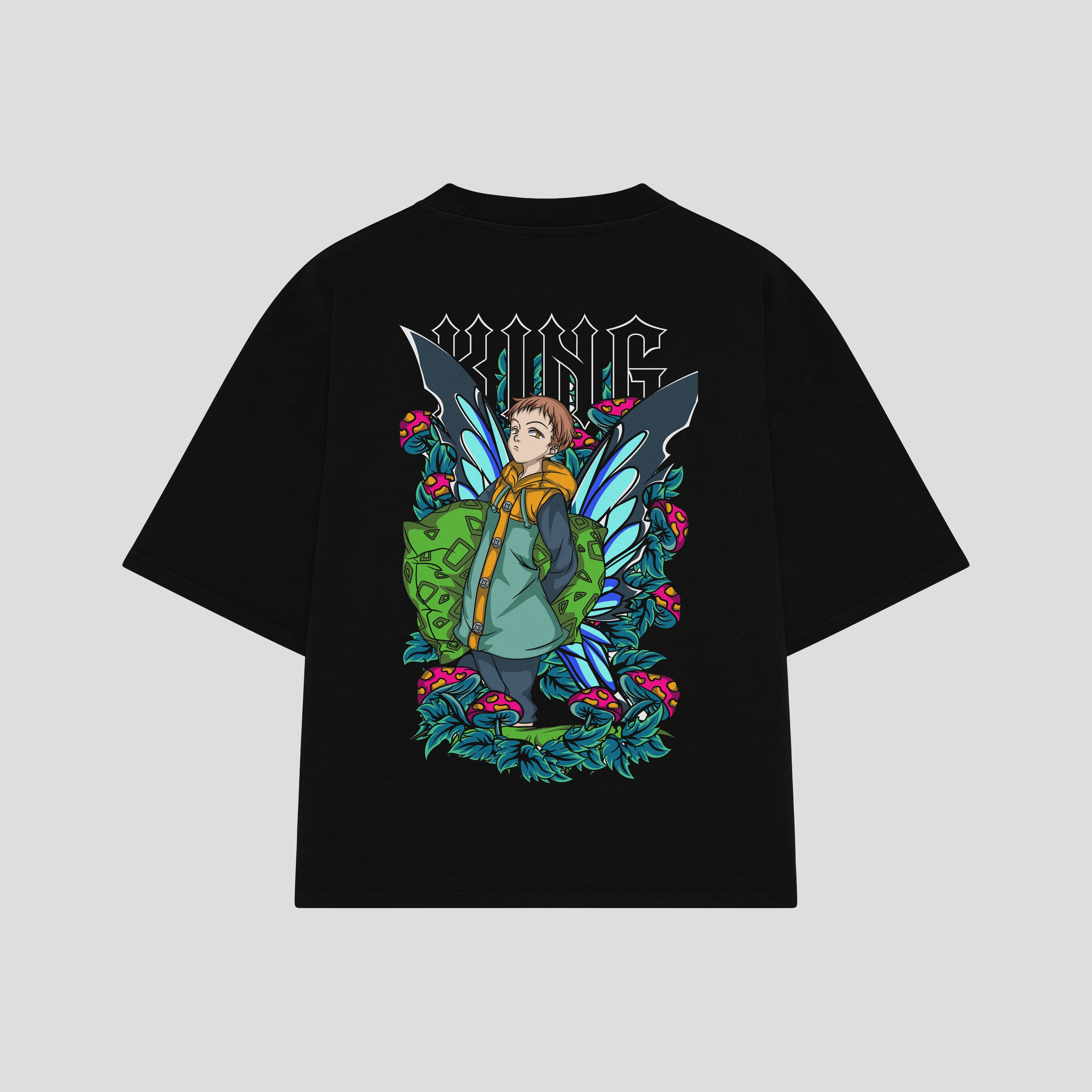 Playera streetwear premium de anime y gaming ExtraLife MX, corte boxy oversized drop shoulder heavyweight en color Deep Black y Off-White, moda urbana mexicana de culto.