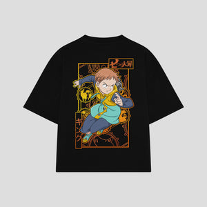 Playera streetwear premium de anime y gaming ExtraLife MX, corte boxy oversized drop shoulder heavyweight en color Deep Black y Off-White, moda urbana mexicana de culto.