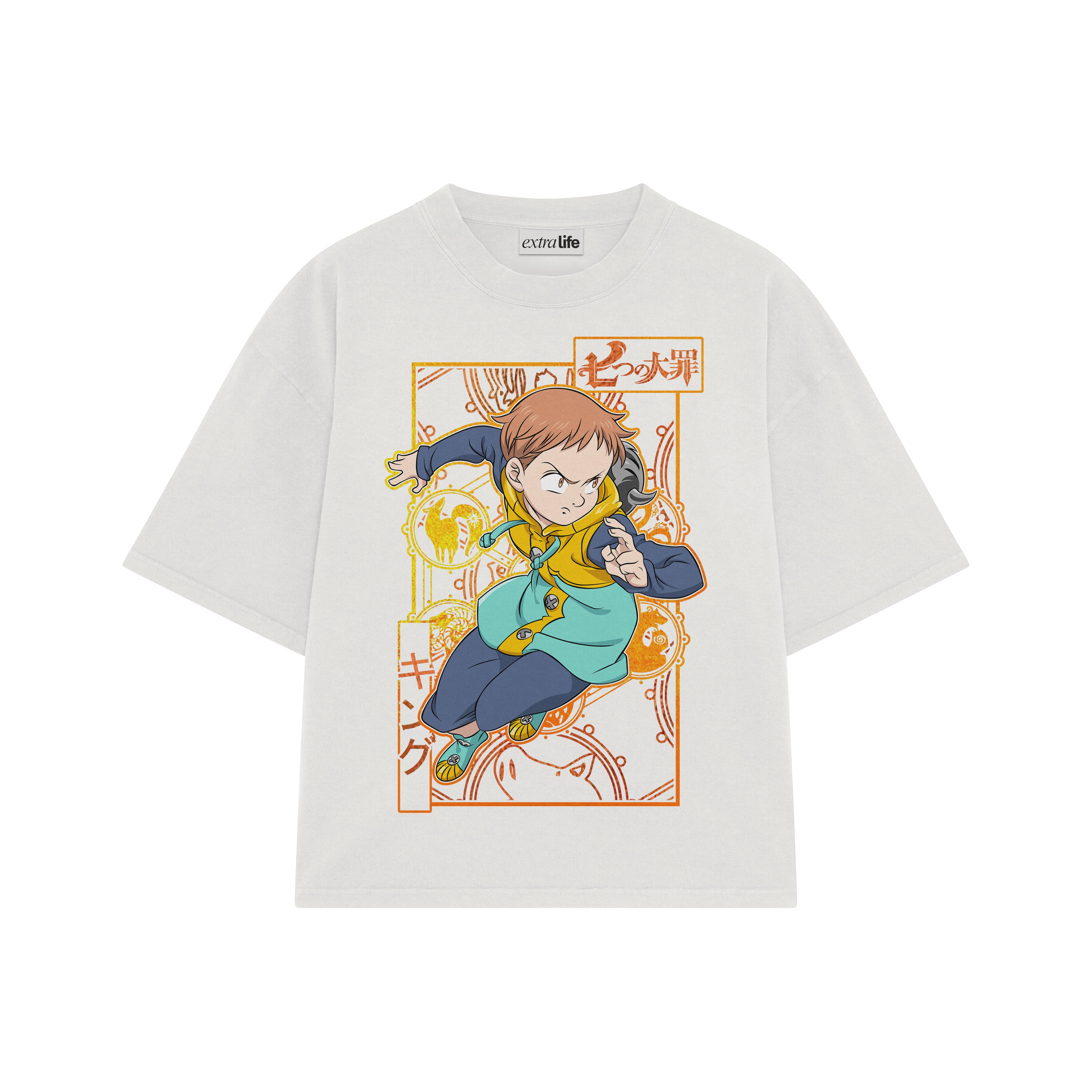 Playera streetwear premium de anime y gaming ExtraLife MX, corte boxy oversized drop shoulder heavyweight en color Deep Black y Off-White, moda urbana mexicana de culto.