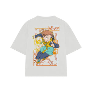 Playera streetwear premium de anime y gaming ExtraLife MX, corte boxy oversized drop shoulder heavyweight en color Deep Black y Off-White, moda urbana mexicana de culto.