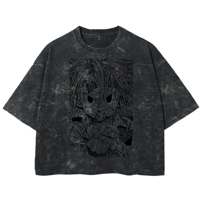 Playera streetwear premium de anime y gaming ExtraLife MX, corte boxy deluxe mineral wash heavyweight en color Acid Wash, moda urbana mexicana de culto.