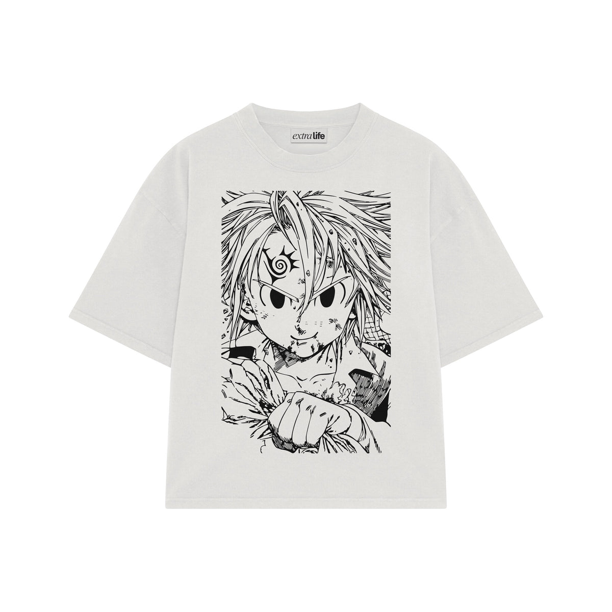 Playera streetwear premium de anime y gaming ExtraLife MX, corte oversized drop shoulder ligero y fresco en color Deep Black y Off-White, moda urbana mexicana de culto.