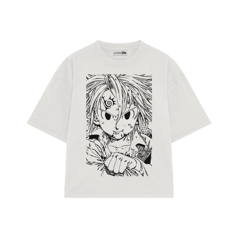 Playera streetwear premium de anime y gaming ExtraLife MX, corte boxy oversized drop shoulder heavyweight en color Deep Black y Off-White, moda urbana mexicana de culto.