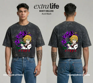 Playera streetwear premium de anime y gaming ExtraLife MX, corte boxy deluxe mineral wash heavyweight en color Acid Wash, moda urbana mexicana de culto.