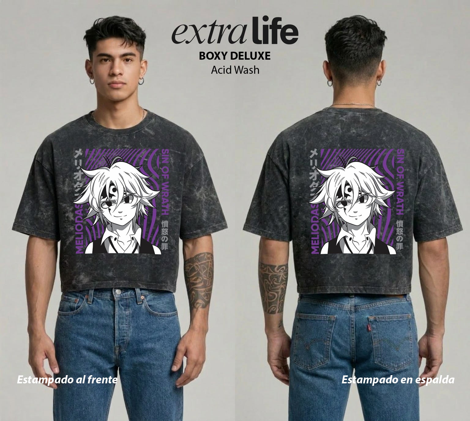 Playera streetwear premium de anime y gaming ExtraLife MX, corte boxy deluxe mineral wash heavyweight en color Acid Wash, moda urbana mexicana de culto.