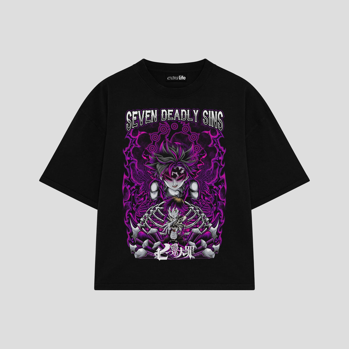 Playera streetwear premium de anime y gaming ExtraLife MX, corte oversized drop shoulder ligero y fresco en color Deep Black y Off-White, moda urbana mexicana de culto.