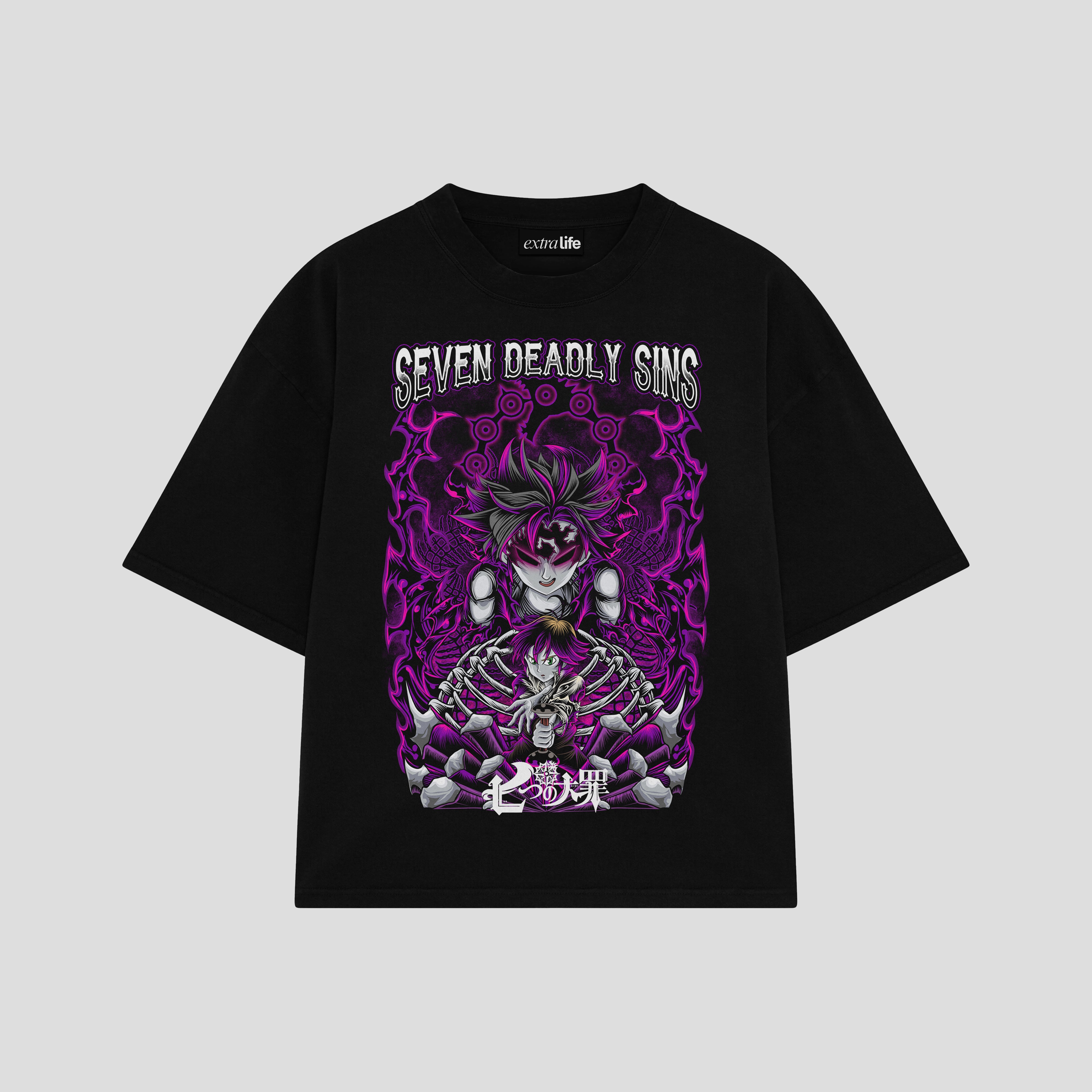 Playera streetwear premium de anime y gaming ExtraLife MX, corte boxy oversized drop shoulder heavyweight en color Deep Black y Off-White, moda urbana mexicana de culto.