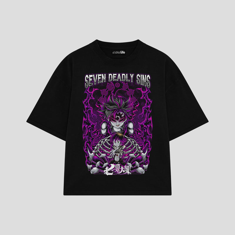 Playera streetwear premium de anime y gaming ExtraLife MX, corte boxy oversized drop shoulder heavyweight en color Deep Black y Off-White, moda urbana mexicana de culto.