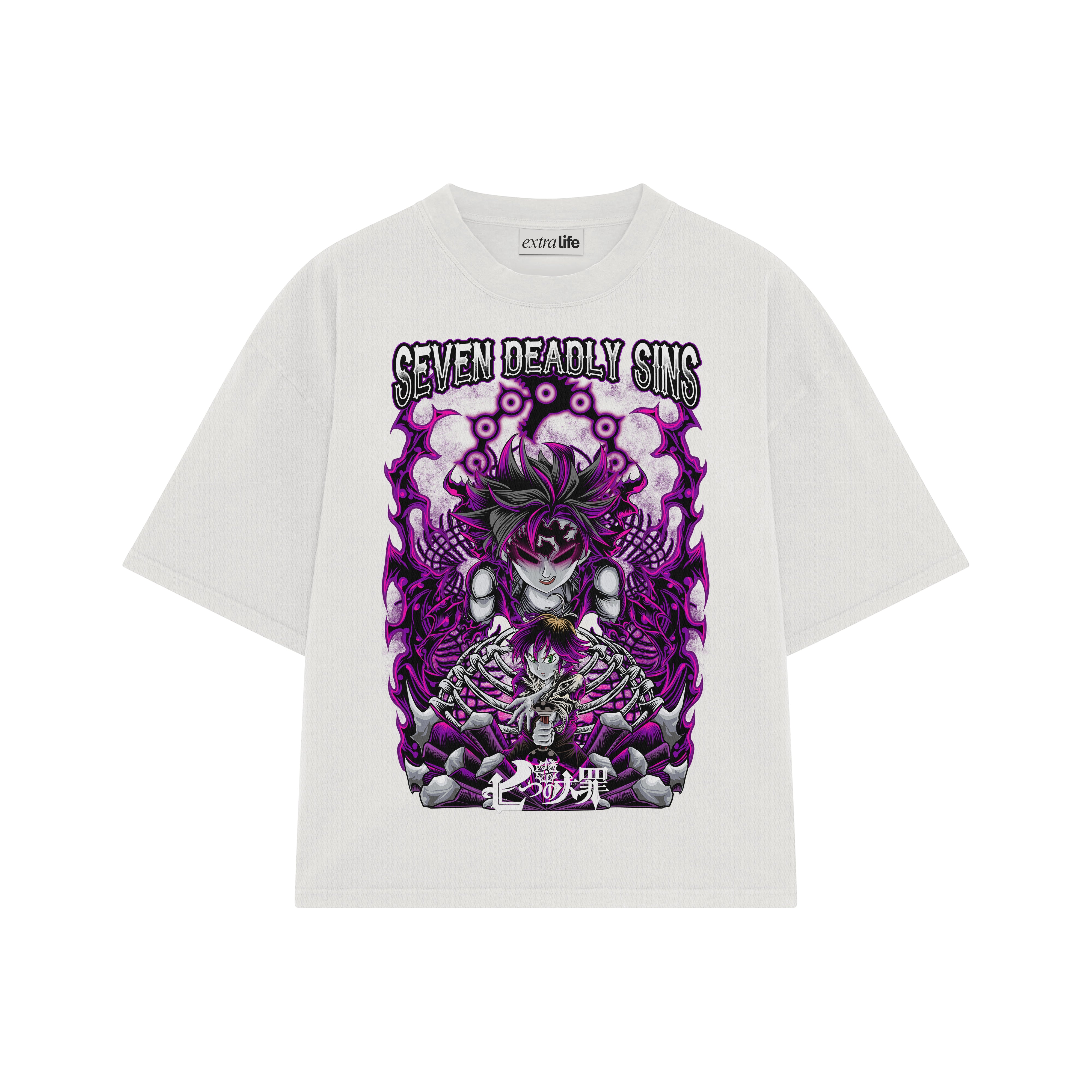 Playera streetwear premium de anime y gaming ExtraLife MX, corte boxy oversized drop shoulder heavyweight en color Deep Black y Off-White, moda urbana mexicana de culto.