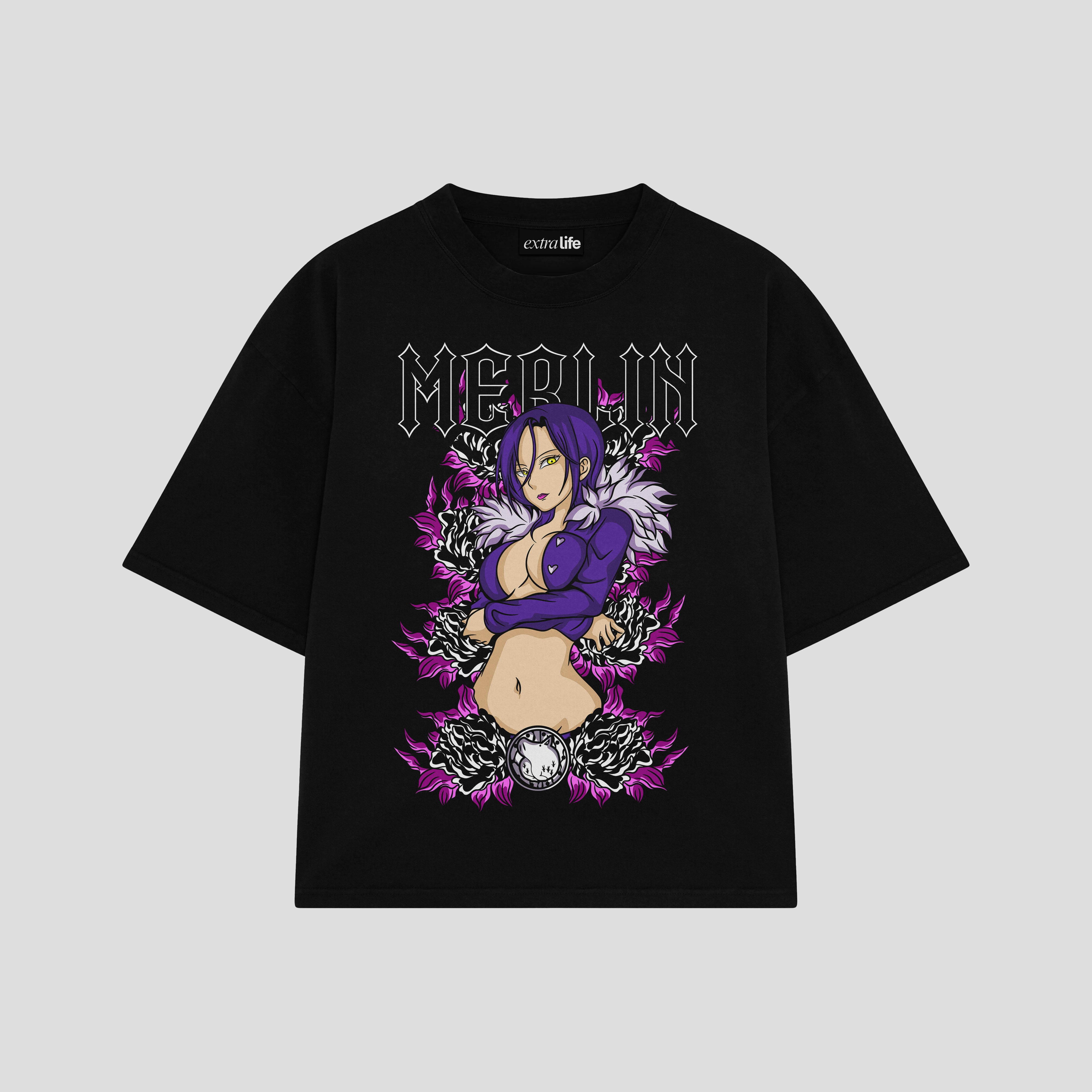 Playera streetwear premium de anime y gaming ExtraLife MX, corte boxy oversized drop shoulder heavyweight en color Deep Black y Off-White, moda urbana mexicana de culto.