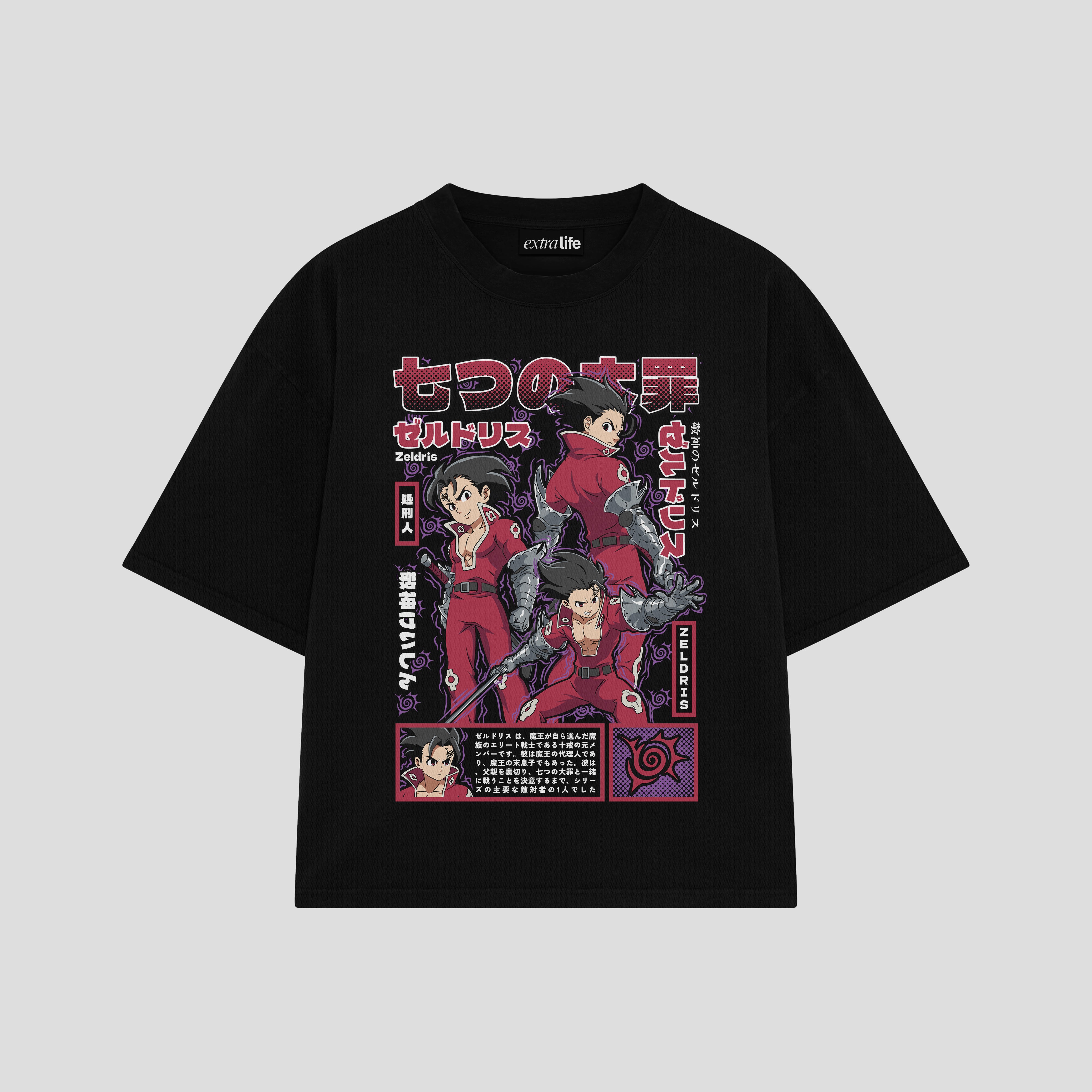 Playera streetwear premium de anime y gaming ExtraLife MX, corte boxy oversized drop shoulder heavyweight en color Deep Black y Off-White, moda urbana mexicana de culto.