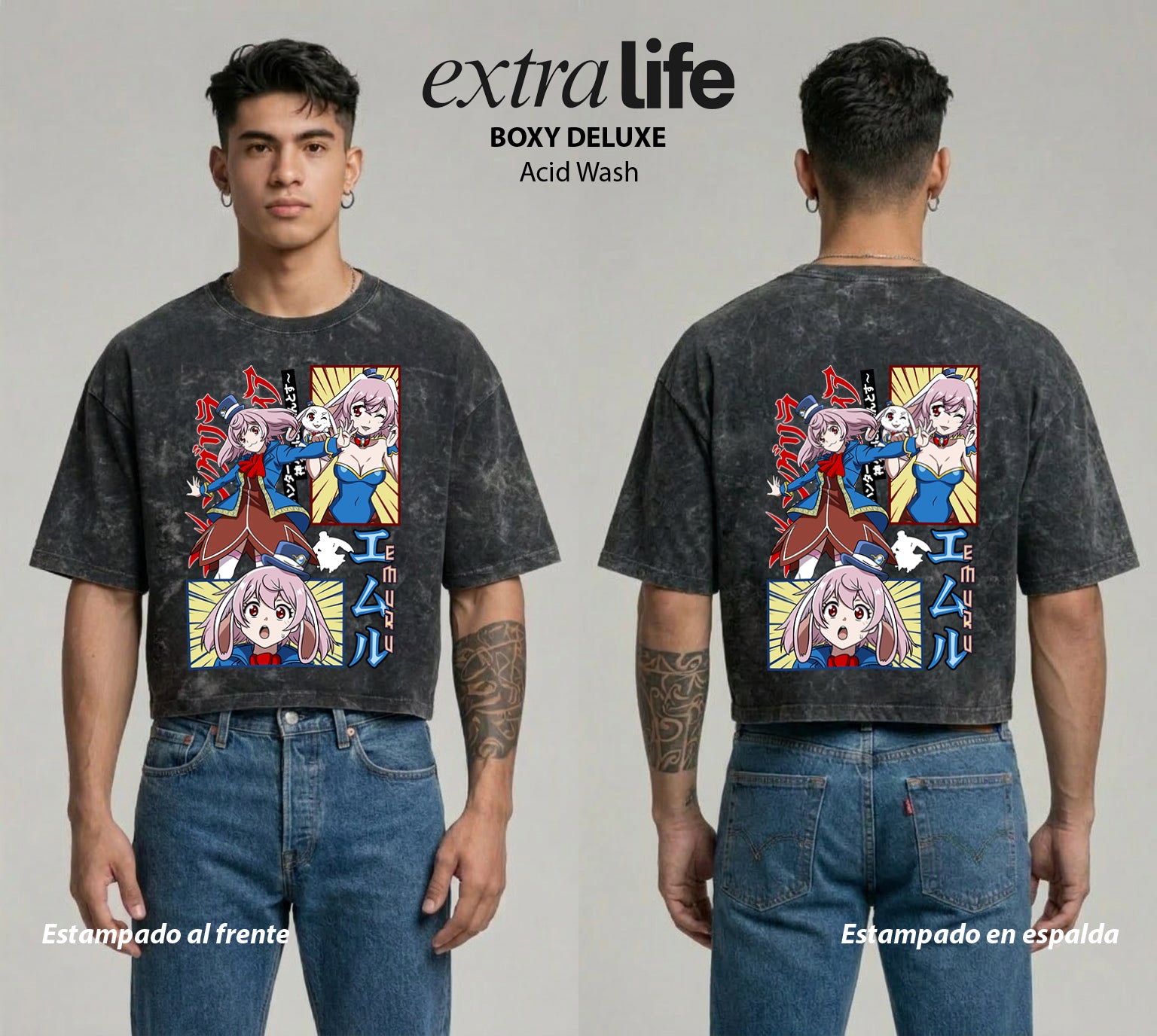 Playera streetwear premium de anime y gaming ExtraLife MX, corte boxy deluxe mineral wash heavyweight en color Acid Wash, moda urbana mexicana de culto.