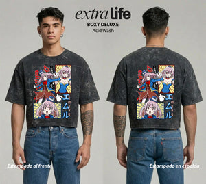 Playera streetwear premium de anime y gaming ExtraLife MX, corte boxy deluxe mineral wash heavyweight en color Acid Wash, moda urbana mexicana de culto.
