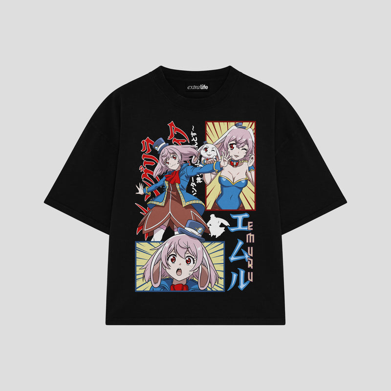 Playera streetwear premium de anime y gaming ExtraLife MX, corte boxy oversized drop shoulder heavyweight en color Deep Black y Off-White, moda urbana mexicana de culto.