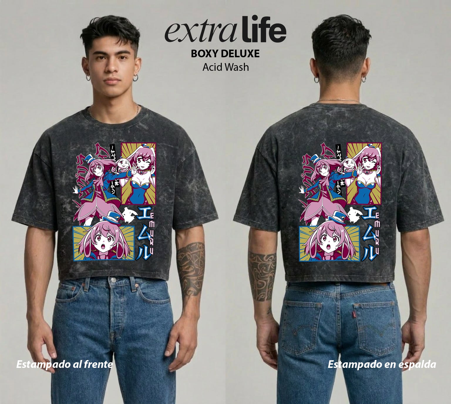 Playera streetwear premium de anime y gaming ExtraLife MX, corte boxy deluxe mineral wash heavyweight en color Acid Wash, moda urbana mexicana de culto.