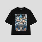 Playera streetwear premium de anime y gaming ExtraLife MX, corte boxy oversized drop shoulder heavyweight en color Deep Black y Off-White, moda urbana mexicana de culto.
