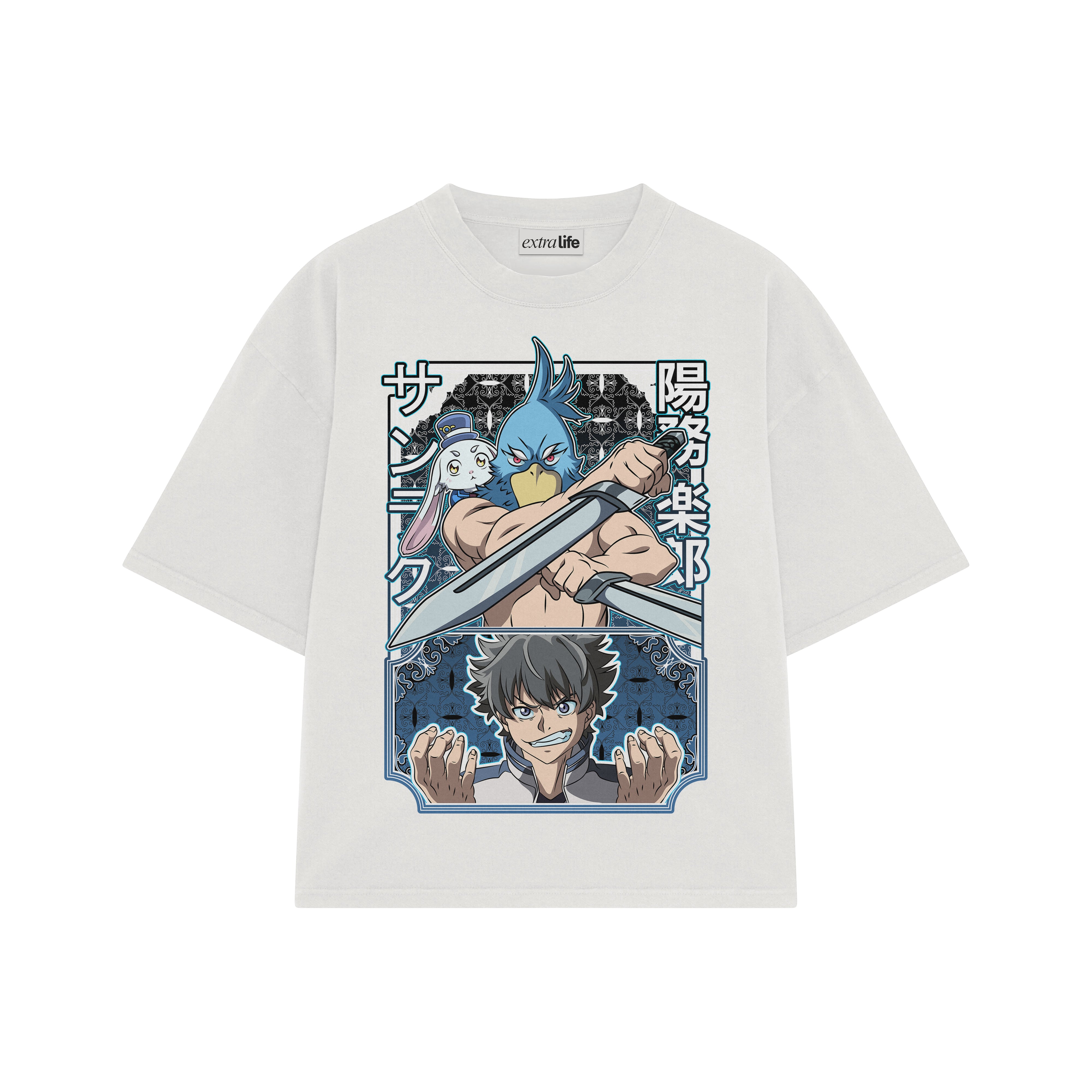 Playera streetwear premium de anime y gaming ExtraLife MX, corte boxy oversized drop shoulder heavyweight en color Deep Black y Off-White, moda urbana mexicana de culto.