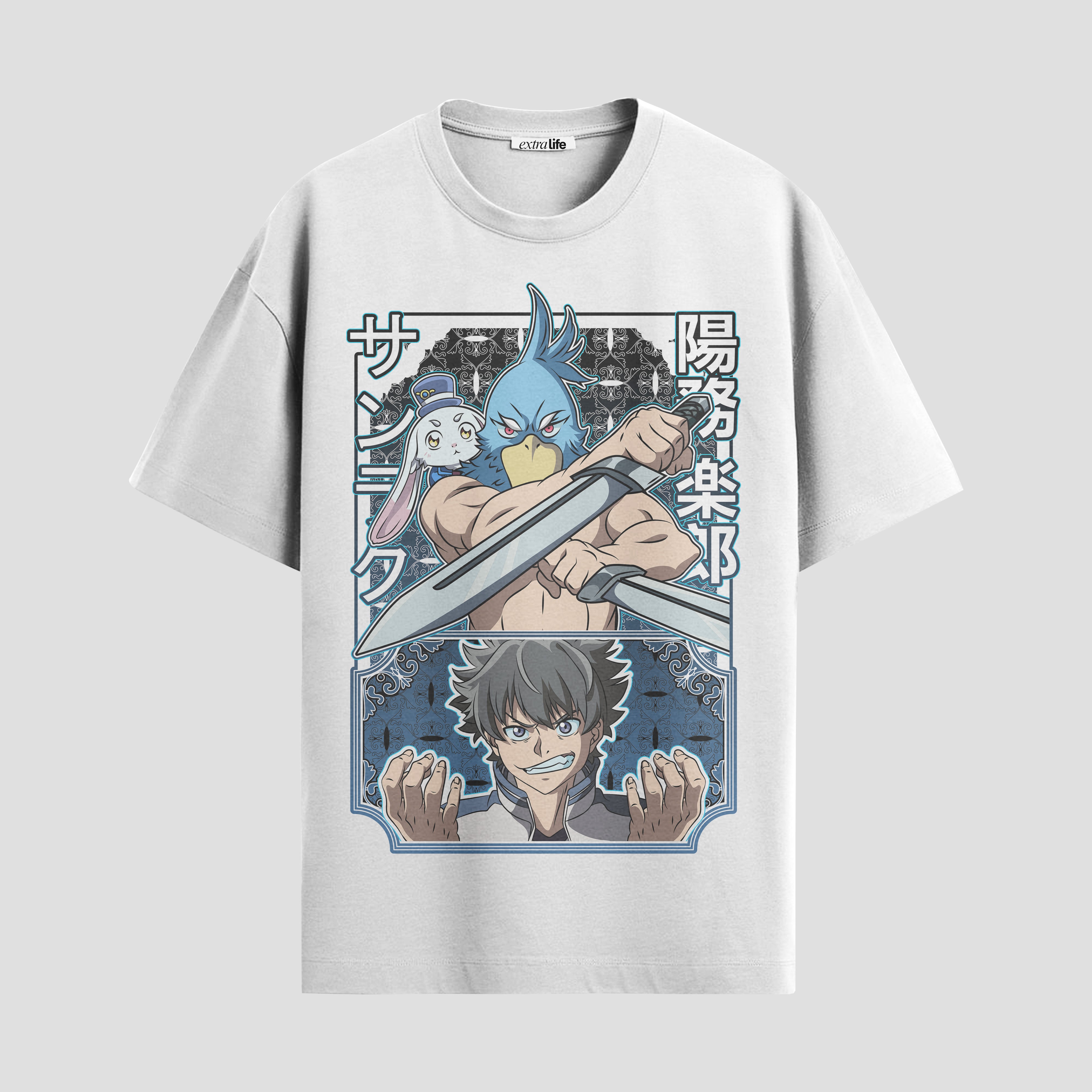 Playera urbana de anime y gaming ExtraLife MX, corte Standard Fit unisex ligero y transpirable en color Deep Black y Pure White, ropa de uso diario para gym y casual.