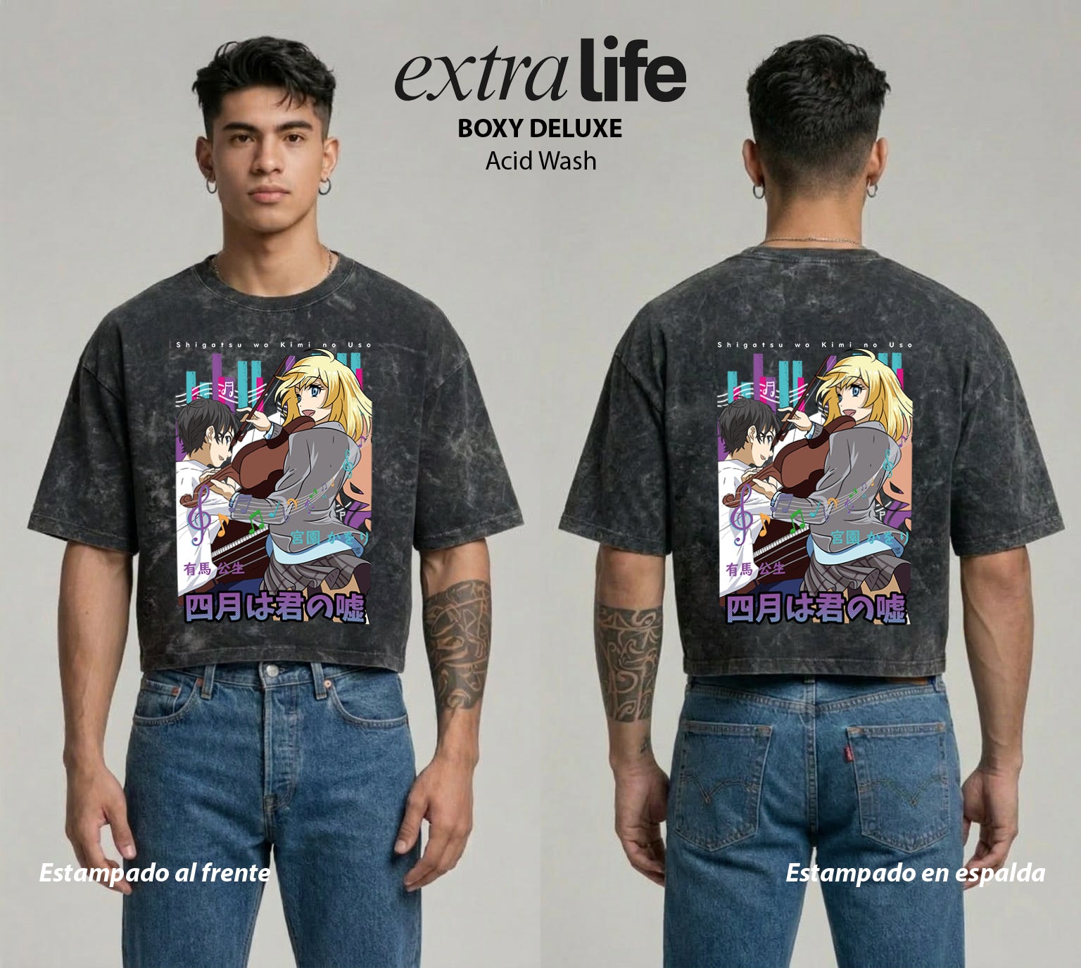 Playera streetwear premium de anime y gaming ExtraLife MX, corte boxy deluxe mineral wash heavyweight en color Acid Wash, moda urbana mexicana de culto.
