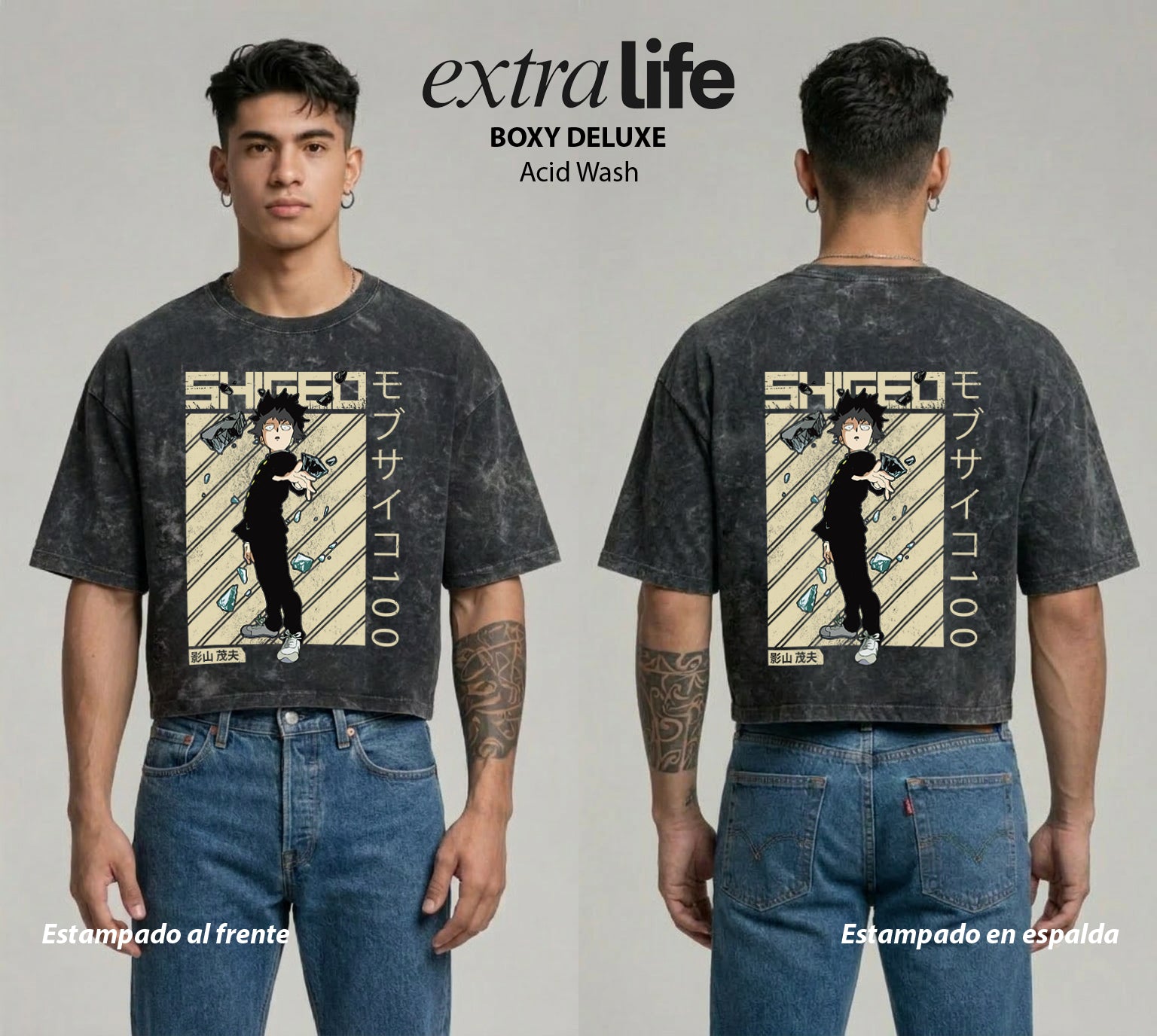 Playera streetwear premium de anime y gaming ExtraLife MX, corte boxy deluxe mineral wash heavyweight en color Acid Wash, moda urbana mexicana de culto.