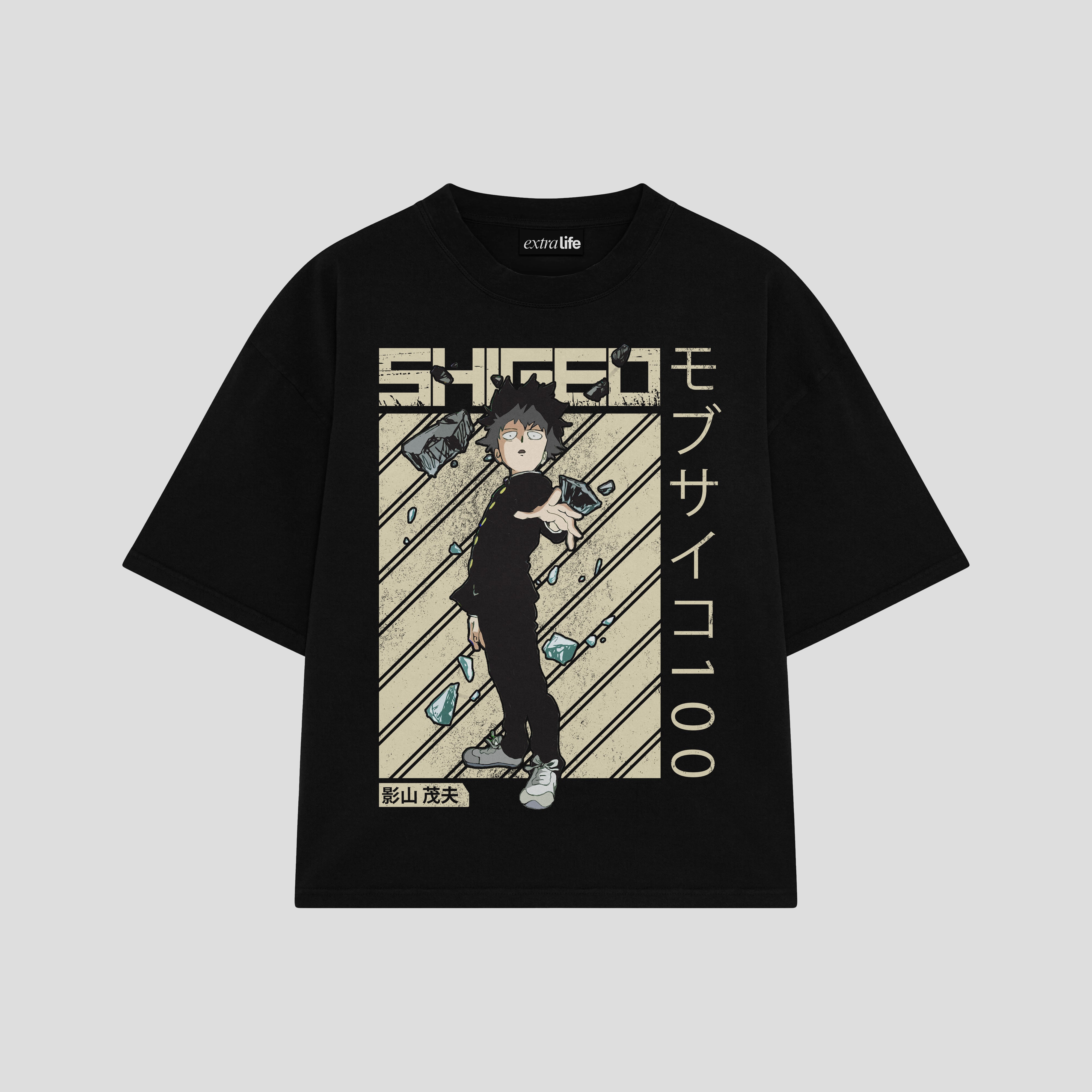 Playera streetwear premium de anime y gaming ExtraLife MX, corte boxy oversized drop shoulder heavyweight en color Deep Black y Off-White, moda urbana mexicana de culto.