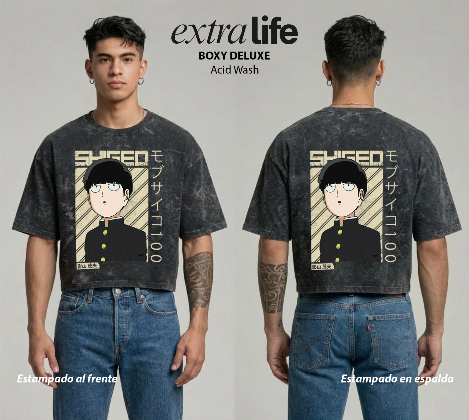 Playera streetwear premium de anime y gaming ExtraLife MX, corte boxy deluxe mineral wash heavyweight en color Acid Wash, moda urbana mexicana de culto.