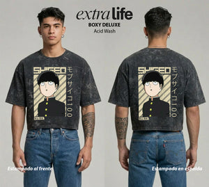 Playera streetwear premium de anime y gaming ExtraLife MX, corte boxy deluxe mineral wash heavyweight en color Acid Wash, moda urbana mexicana de culto.