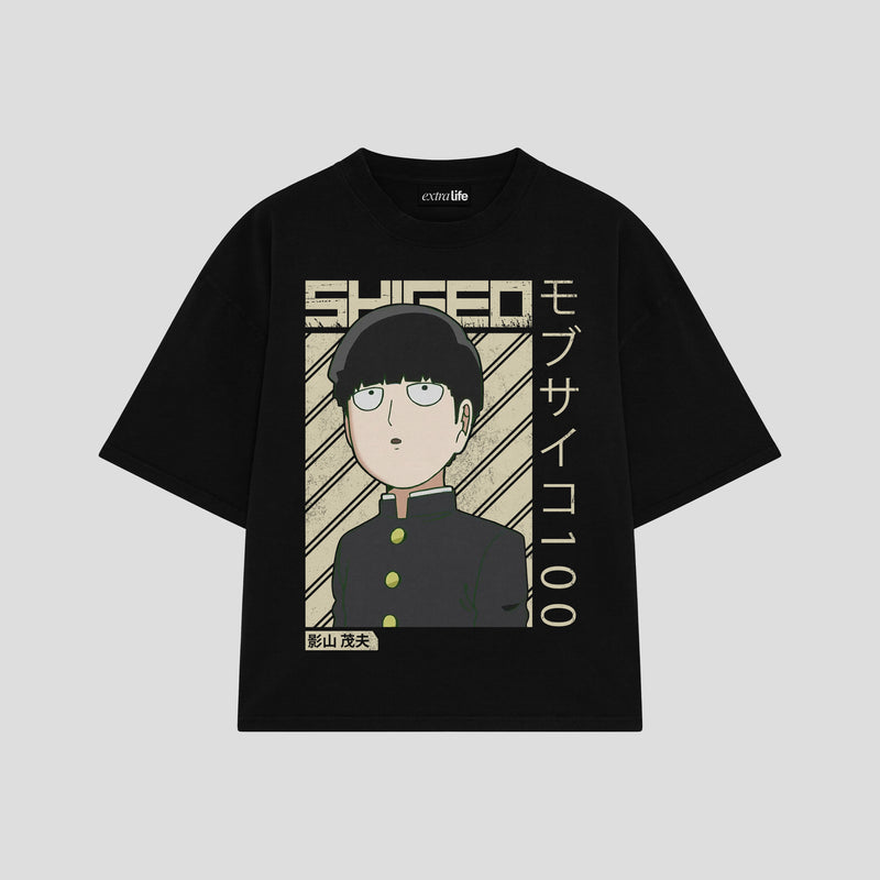 Playera streetwear premium de anime y gaming ExtraLife MX, corte boxy oversized drop shoulder heavyweight en color Deep Black y Off-White, moda urbana mexicana de culto.