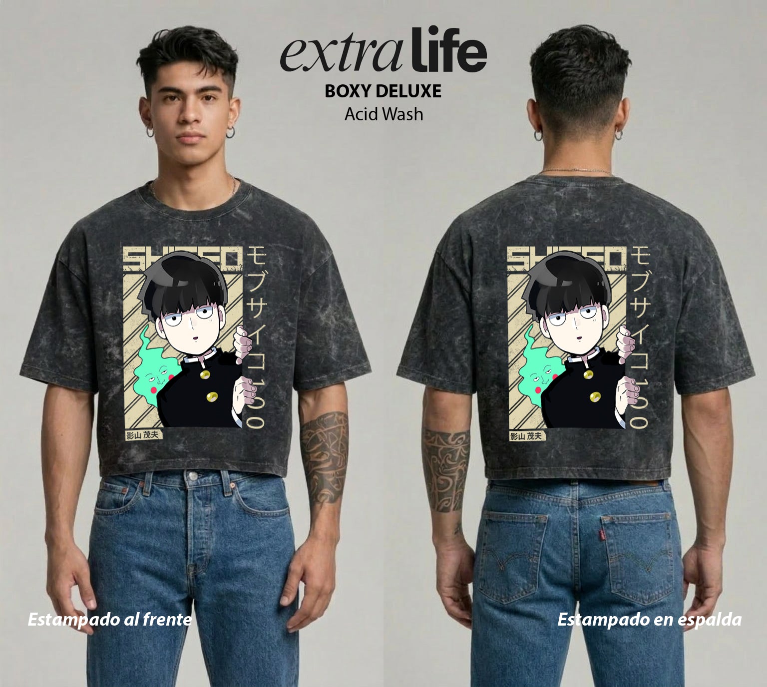 Playera streetwear premium de anime y gaming ExtraLife MX, corte boxy deluxe mineral wash heavyweight en color Acid Wash, moda urbana mexicana de culto.