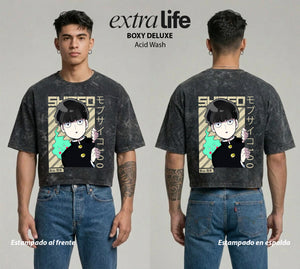 Playera streetwear premium de anime y gaming ExtraLife MX, corte boxy deluxe mineral wash heavyweight en color Acid Wash, moda urbana mexicana de culto.