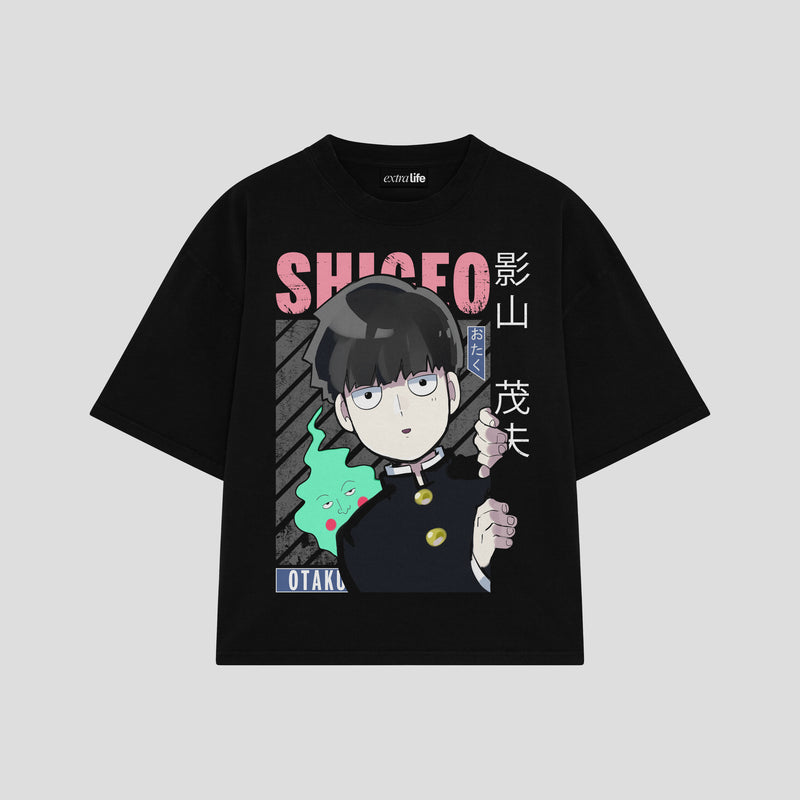 Playera streetwear premium de anime y gaming ExtraLife MX, corte boxy oversized drop shoulder heavyweight en color Deep Black y Off-White, moda urbana mexicana de culto.