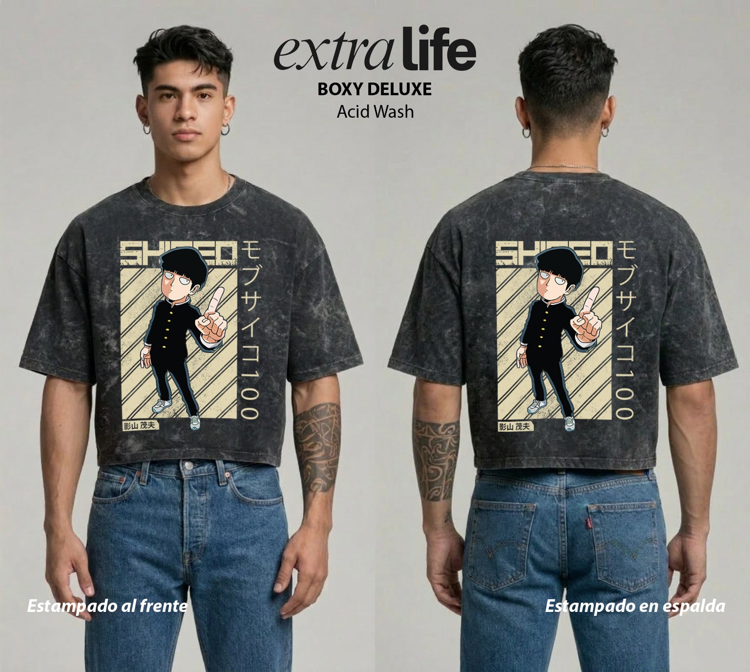 Playera streetwear premium de anime y gaming ExtraLife MX, corte boxy deluxe mineral wash heavyweight en color Acid Wash, moda urbana mexicana de culto.