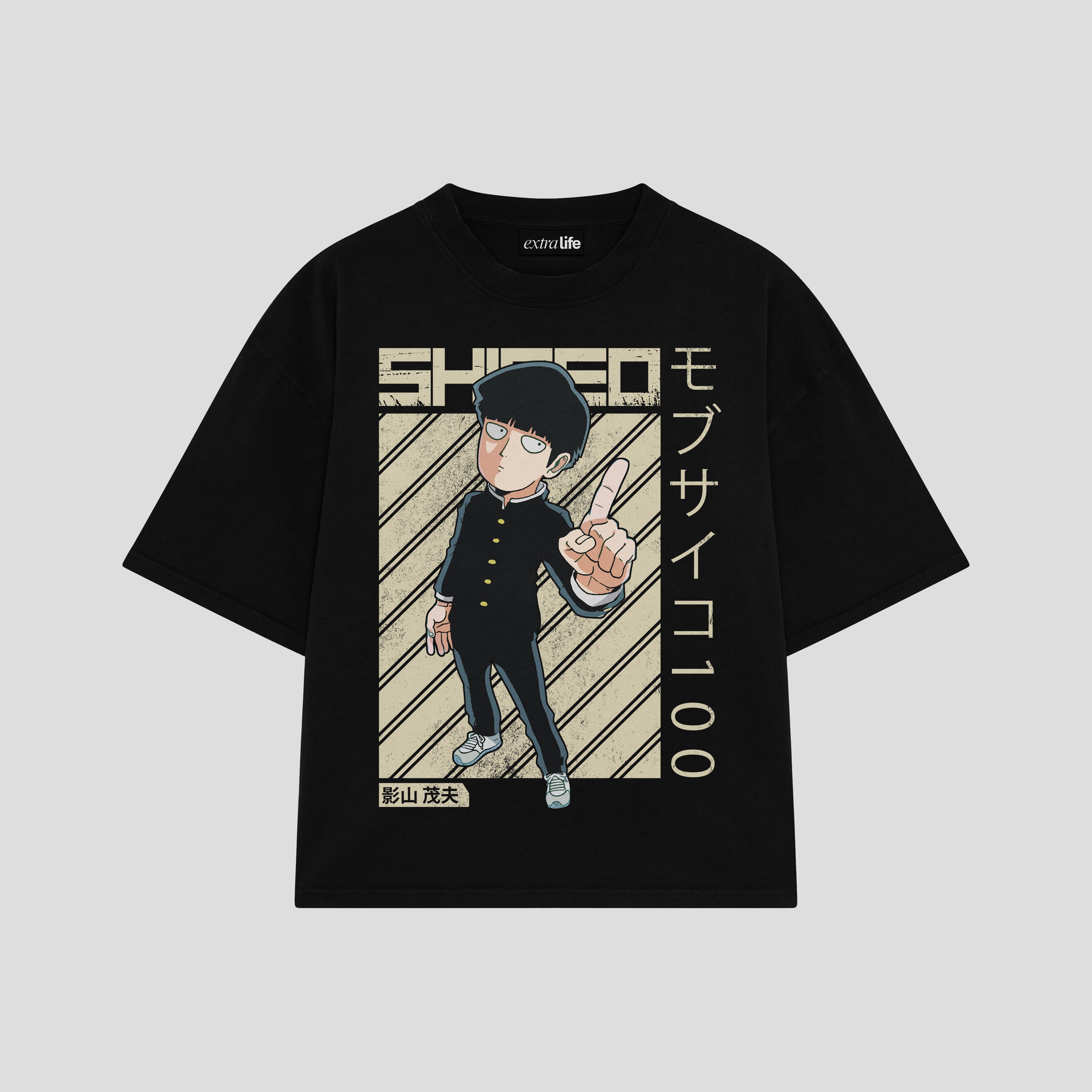 Playera streetwear premium de anime y gaming ExtraLife MX, corte boxy oversized drop shoulder heavyweight en color Deep Black y Off-White, moda urbana mexicana de culto.