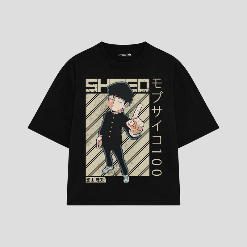 Playera streetwear premium de anime y gaming ExtraLife MX, corte boxy oversized drop shoulder heavyweight en color Deep Black y Off-White, moda urbana mexicana de culto.