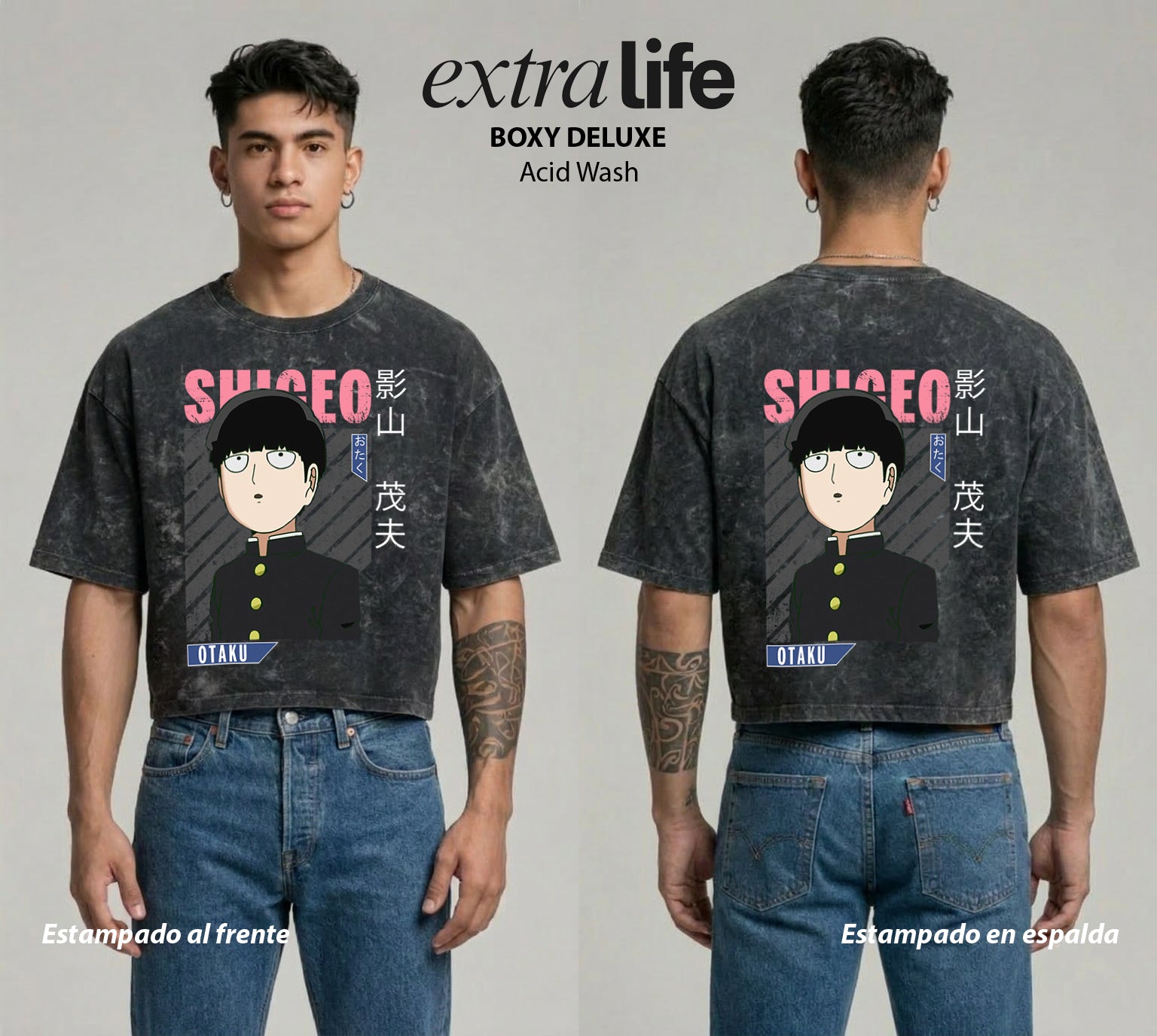 Playera streetwear premium de anime y gaming ExtraLife MX, corte boxy deluxe mineral wash heavyweight en color Acid Wash, moda urbana mexicana de culto.