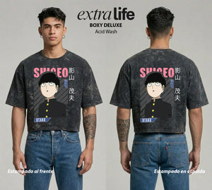 Playera streetwear premium de anime y gaming ExtraLife MX, corte boxy deluxe mineral wash heavyweight en color Acid Wash, moda urbana mexicana de culto.