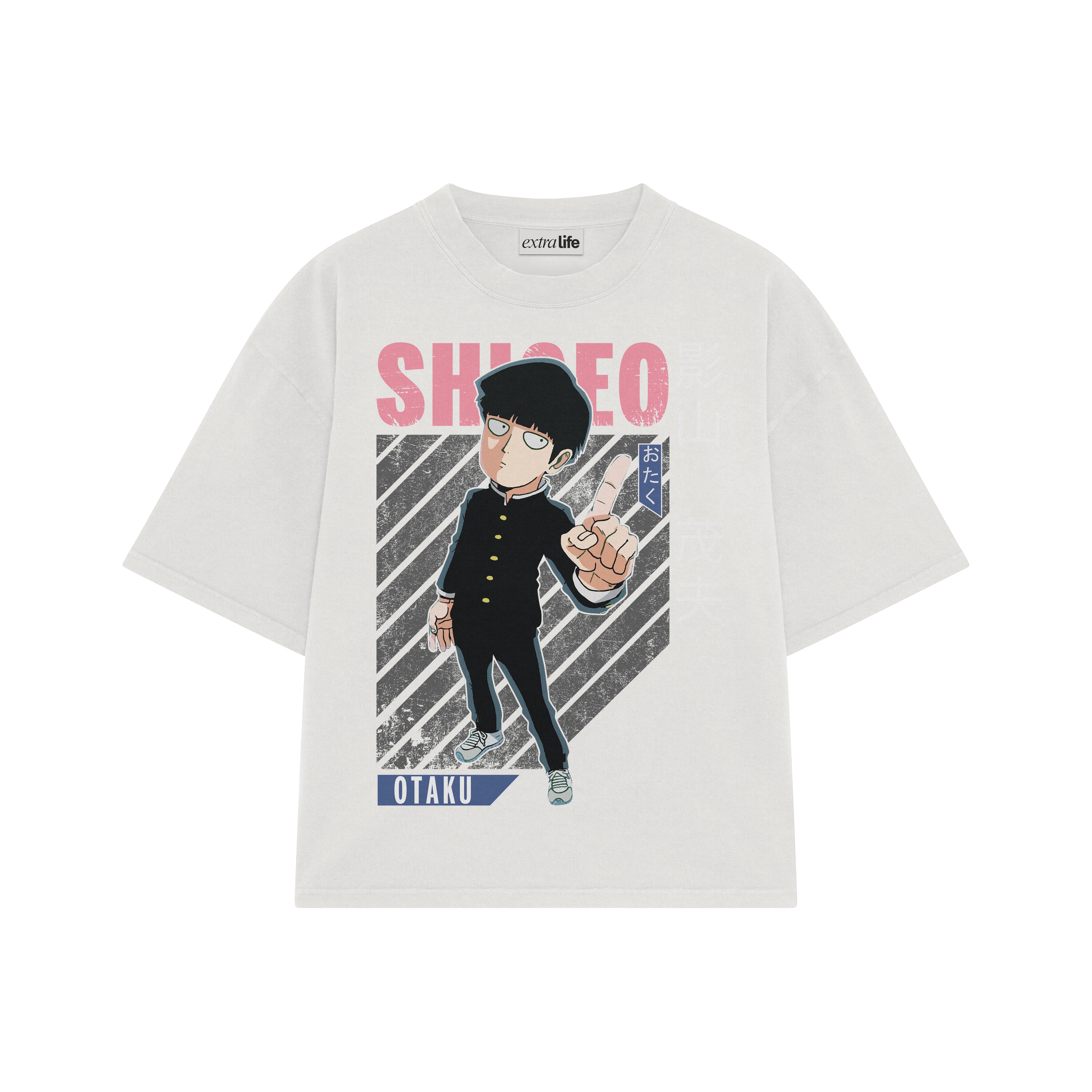 Playera streetwear premium de anime y gaming ExtraLife MX, corte boxy oversized drop shoulder heavyweight en color Deep Black y Off-White, moda urbana mexicana de culto.