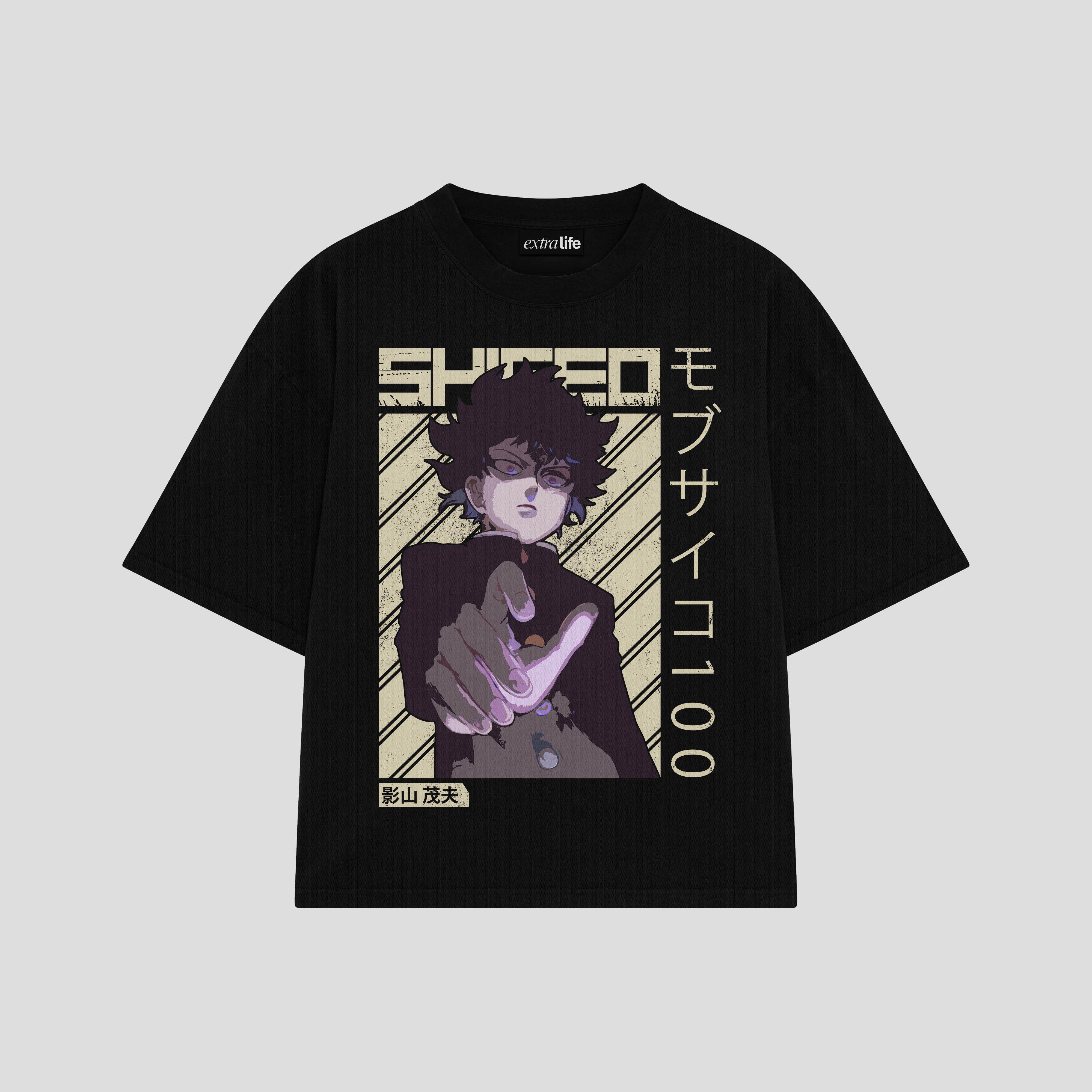 Playera streetwear premium de anime y gaming ExtraLife MX, corte boxy oversized drop shoulder heavyweight en color Deep Black y Off-White, moda urbana mexicana de culto.