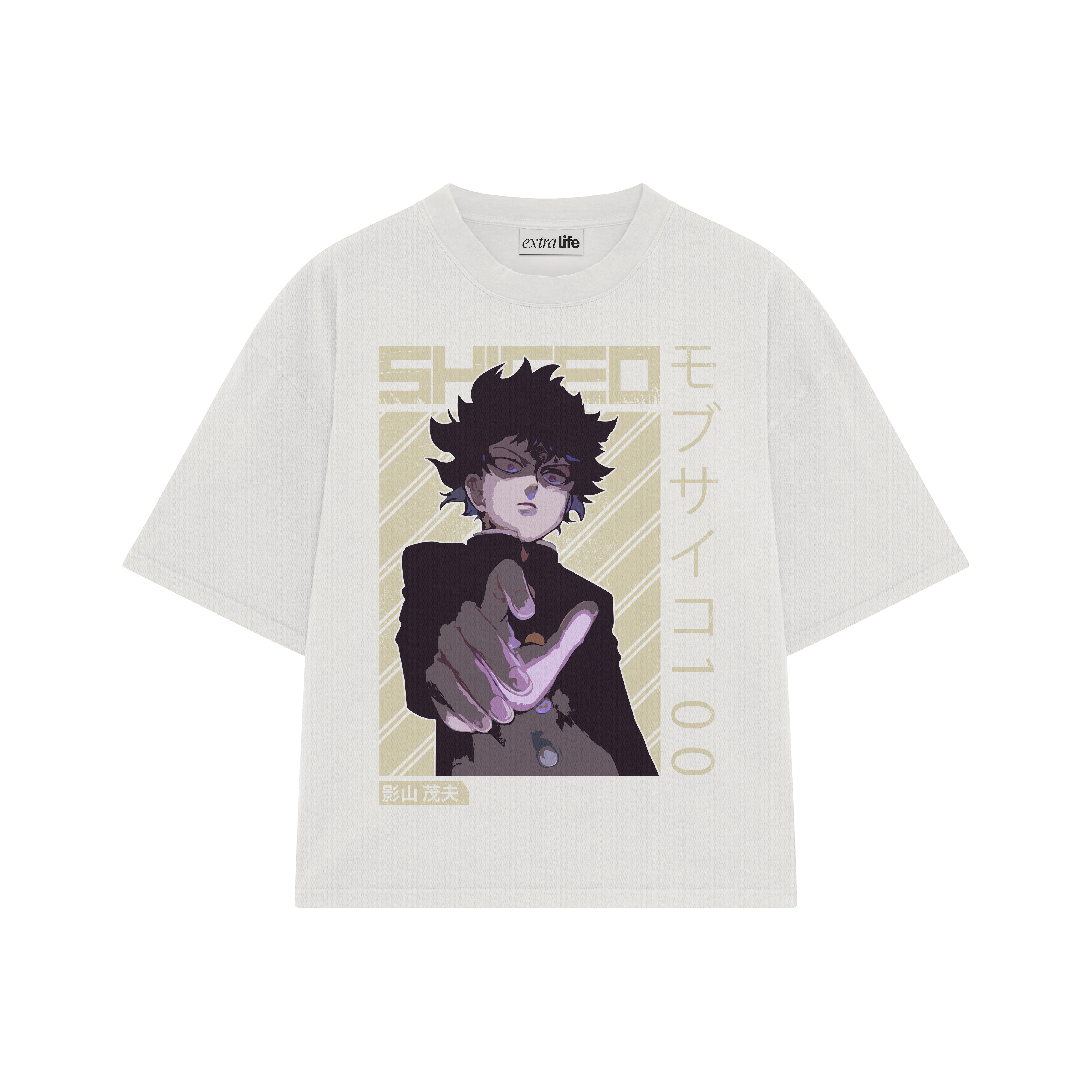 Playera streetwear premium de anime y gaming ExtraLife MX, corte boxy oversized drop shoulder heavyweight en color Deep Black y Off-White, moda urbana mexicana de culto.