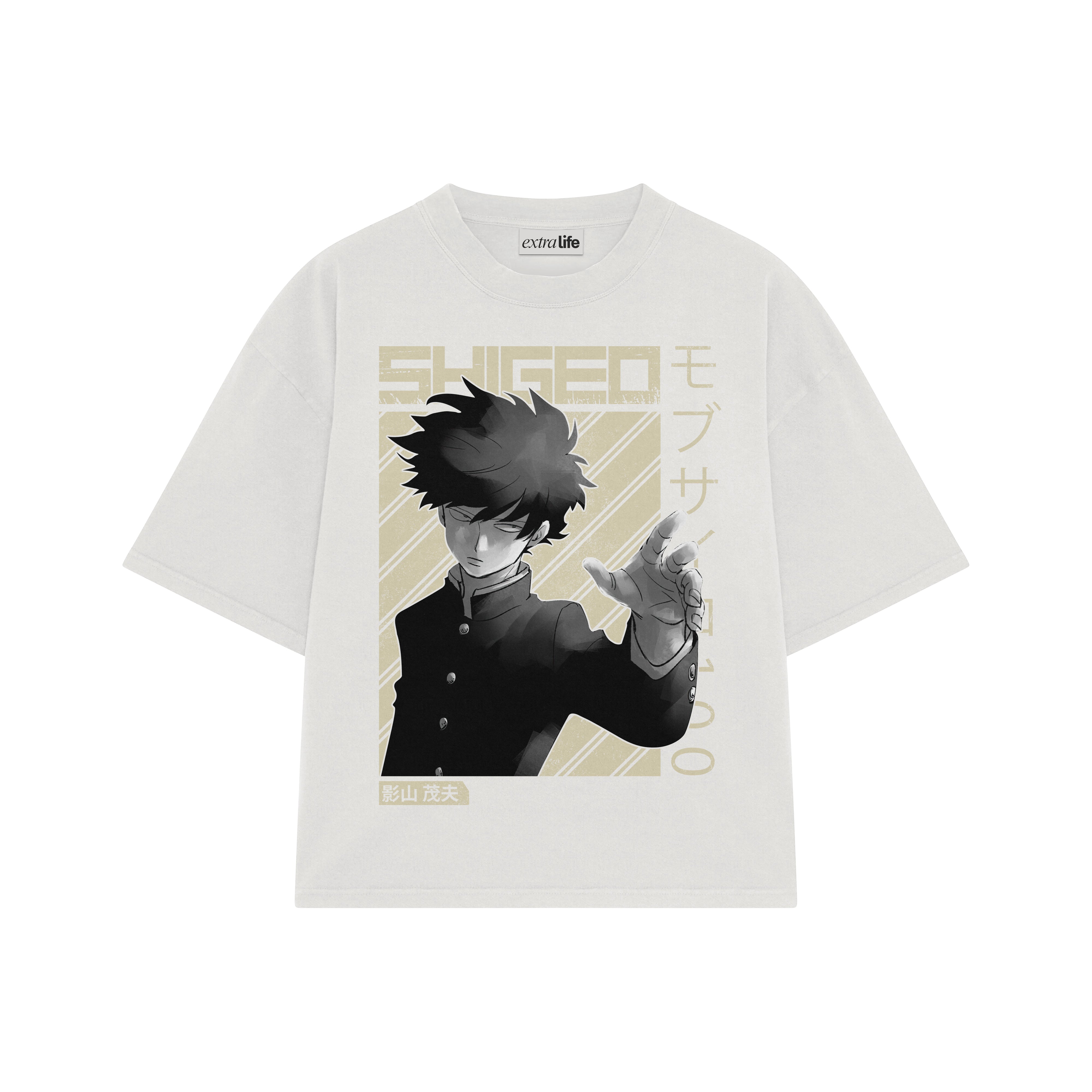 Playera streetwear premium de anime y gaming ExtraLife MX, corte boxy oversized drop shoulder heavyweight en color Deep Black y Off-White, moda urbana mexicana de culto.
