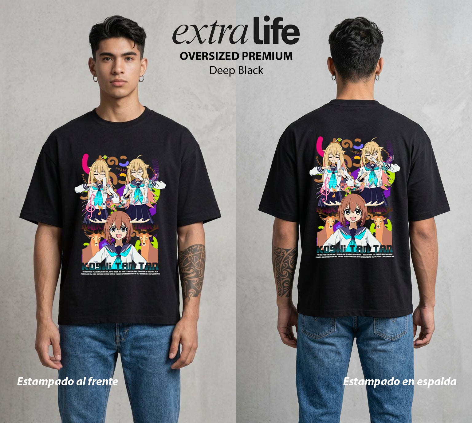 El Ciervo del Misterio | El Ciervo del Bosque #03987 - Playera Oversized Premium | Deep Black - Foto en modelo