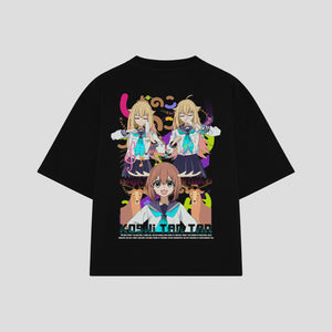 Playera streetwear premium de anime y gaming ExtraLife MX, corte boxy oversized drop shoulder heavyweight en color Deep Black y Off-White, moda urbana mexicana de culto.