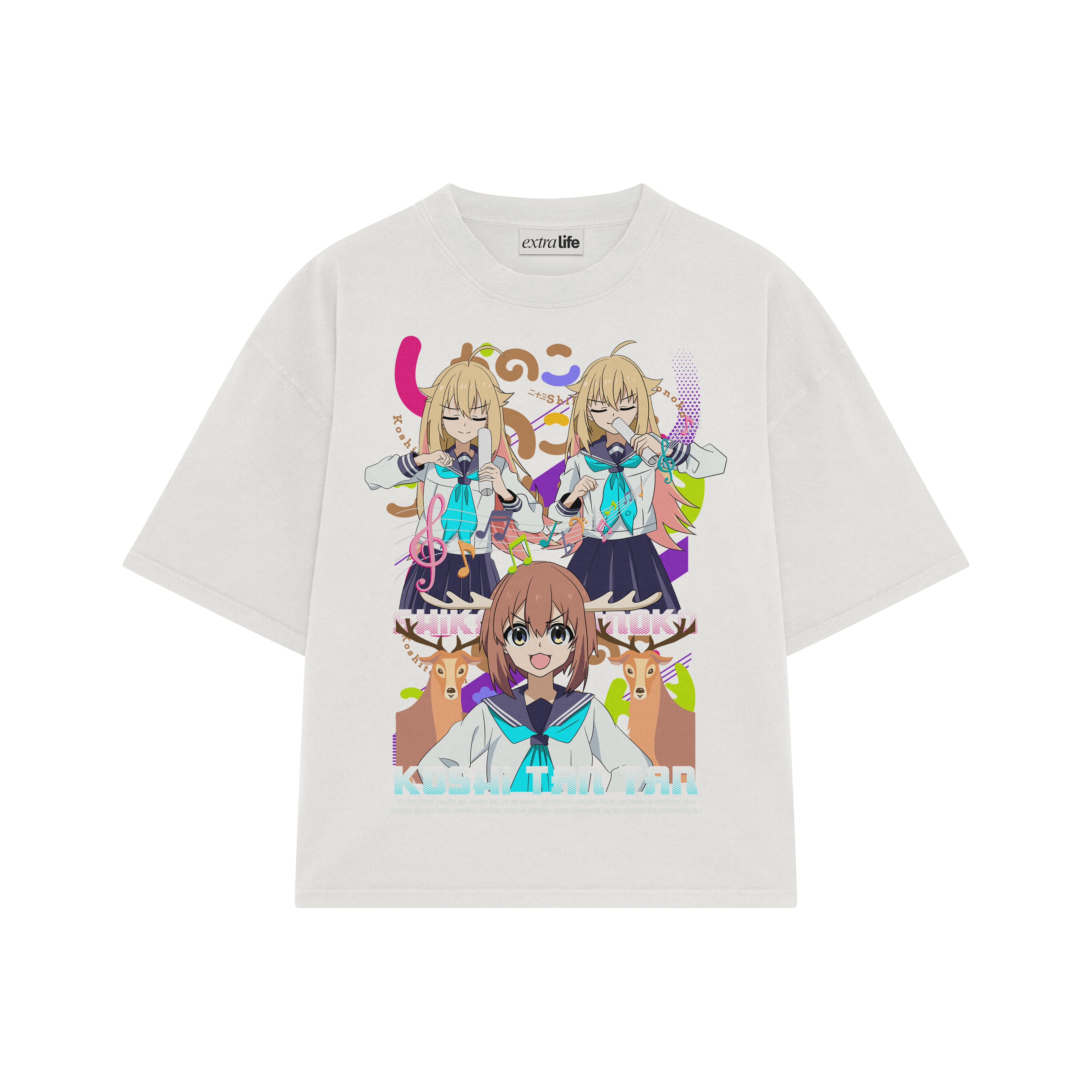 Playera streetwear premium de anime y gaming ExtraLife MX, corte boxy oversized drop shoulder heavyweight en color Deep Black y Off-White, moda urbana mexicana de culto.