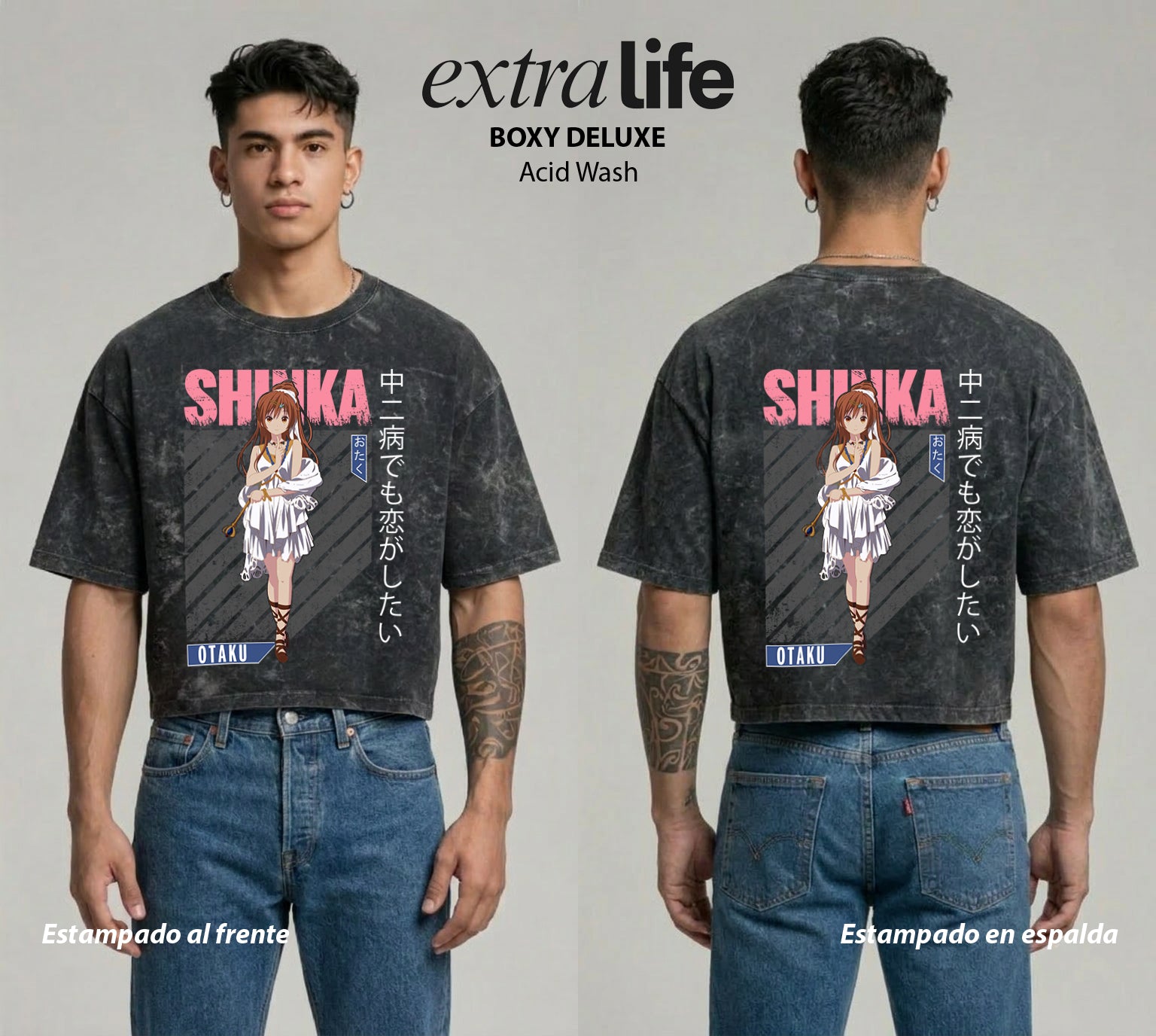 Playera streetwear premium de anime y gaming ExtraLife MX, corte boxy deluxe mineral wash heavyweight en color Acid Wash, moda urbana mexicana de culto.