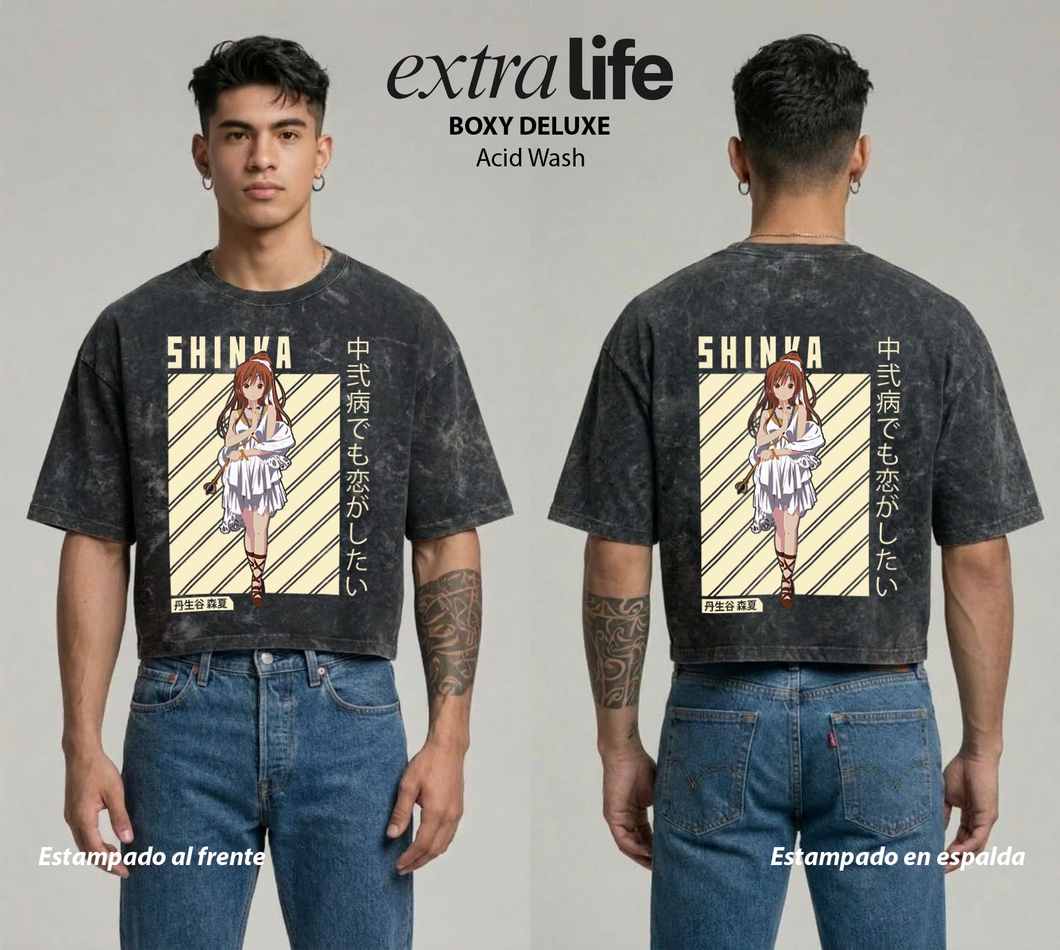 Playera streetwear premium de anime y gaming ExtraLife MX, corte boxy deluxe mineral wash heavyweight en color Acid Wash, moda urbana mexicana de culto.